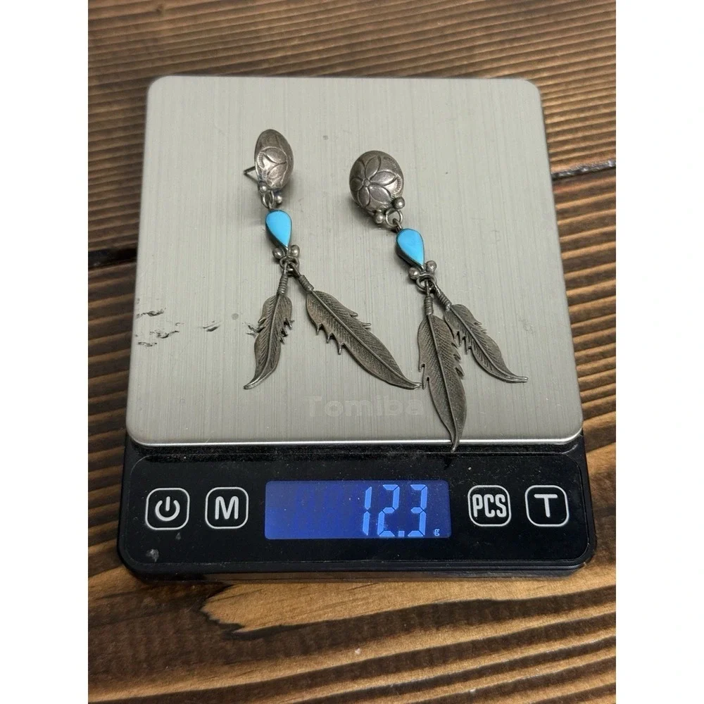 Vintage‎ Navajo Turquoise Sterling Silver 925 Feather Dangle Earrings- Unsigned